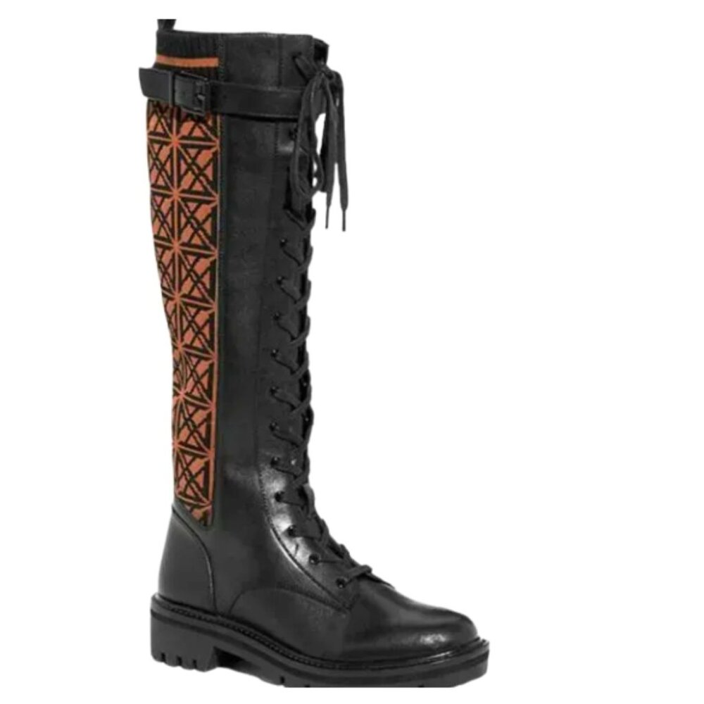 Antonio Melani Tall Boots Leather & Stretch Fabric Lug Sole Ladies Slim Calf